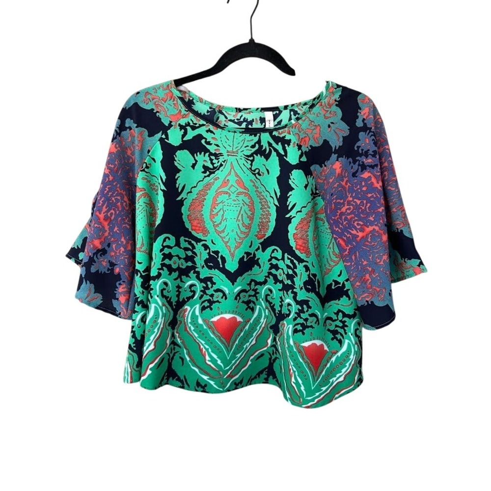 Tyche Boho Abstract Print Top Medium Bell Sleeve Flowy Blouse Festival Chic